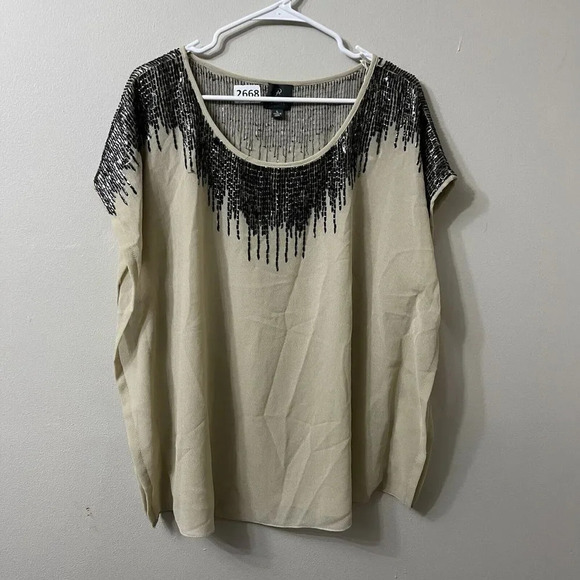 Adrianna Papell Womens Beige Blouse L Beaded Scoop Neck Pullover Top - Picture 8 of 8